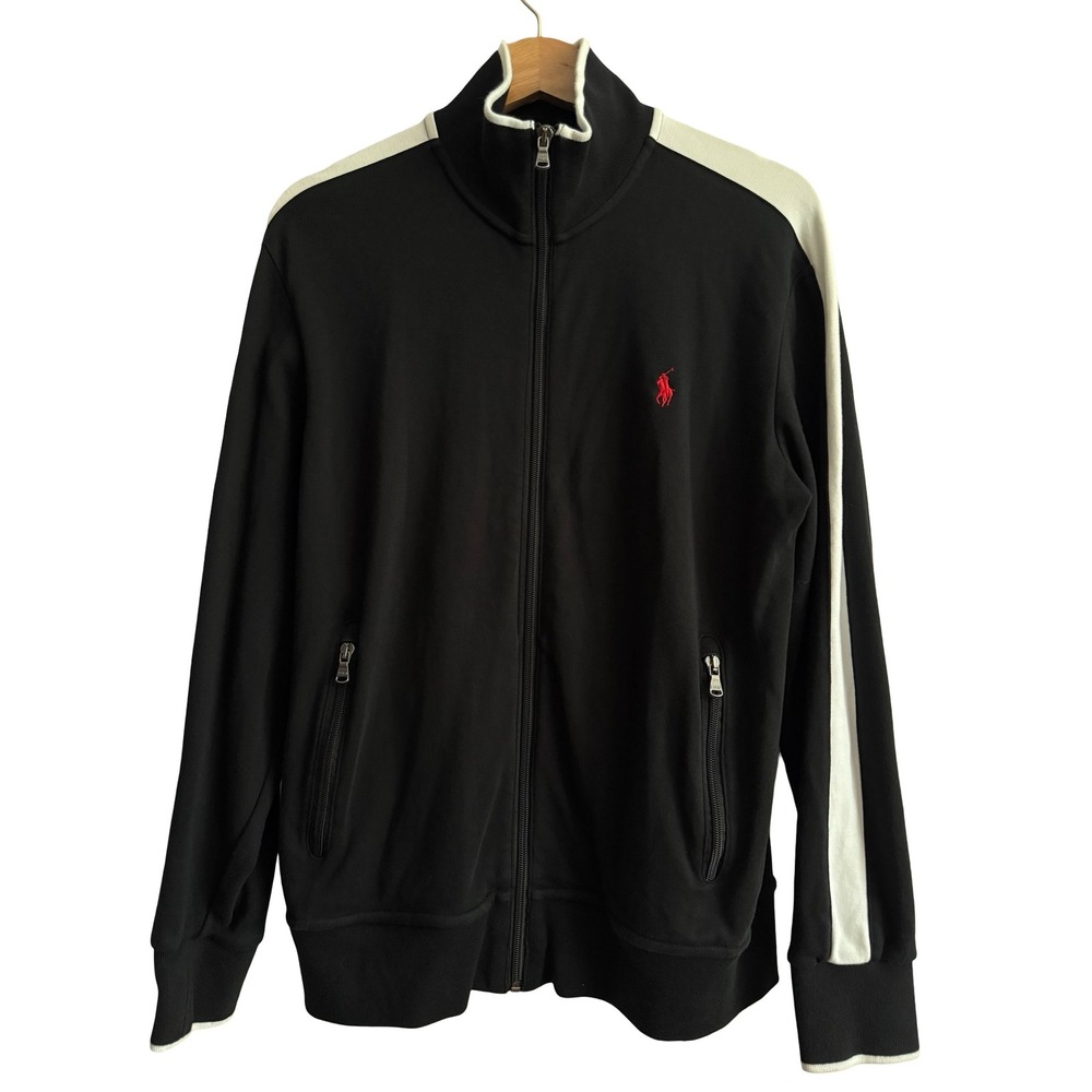 Polo Ralph Lauren Mens Track Jacket Black White Stripe Red Pony Small Full Zip